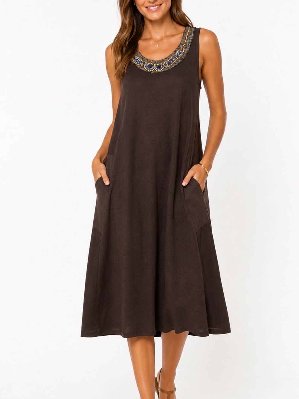 Lungo L’Arno Italy Brown Beaded Neck Sleeveless Midi Dress Size L